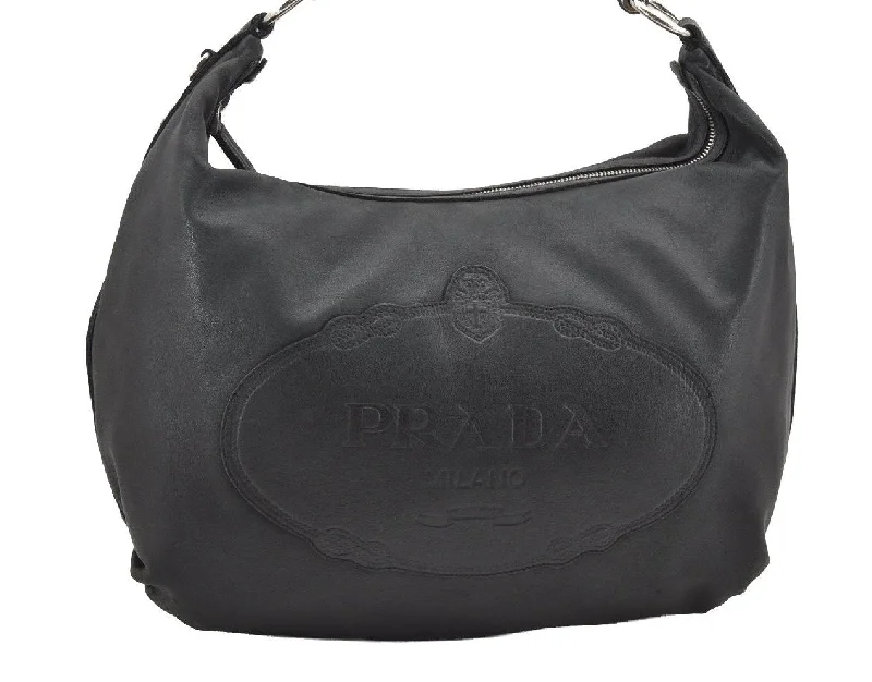 Prada bags with a snap - button closure and a decorative charm for a fashionable lookAuthentic PRADA Vintage Leather Nappa Shoulder Hand Bag Black 2802I