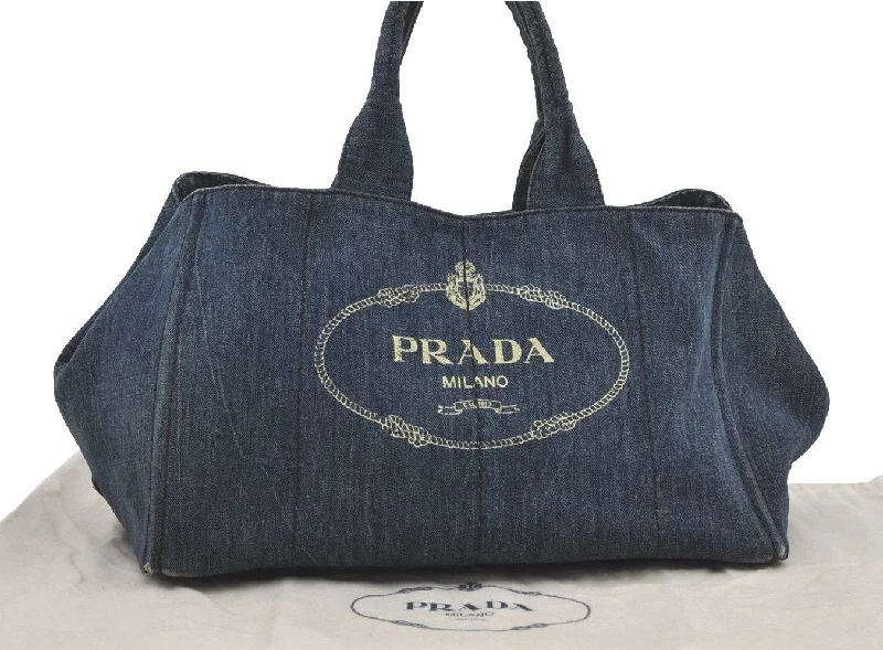 Prada bags with a zip - top closure and multiple interior pockets for organizationAuthentic PRADA Canapa L Vintage Tote Hand Bag Denim Blue 4889I