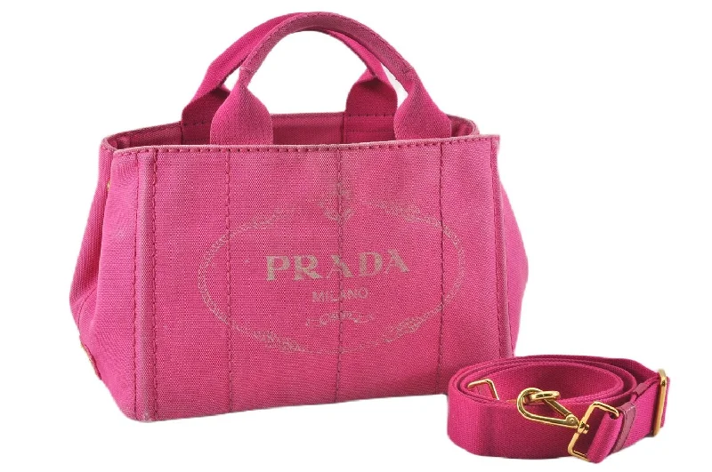 Prada bags with a front - flap pocket for quick access to essentialsAuthentic PRADA Canapa SS 2Way Shoulder Hand Bag Canvas Pink 0883G