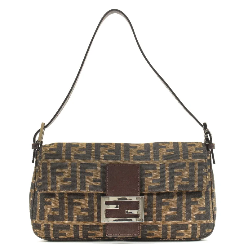 Fendi By The Way bags with a contrast - colored interior for visual interestFENDI Zucca Mamma Baguette Canvas Leather Bag Brown Black