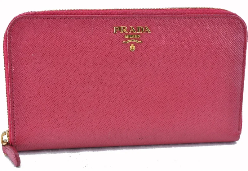 Prada bags with a snap - button closure and a decorative charm for a fashionable lookAuthentic PRADA Leather Long Wallet Purse Pink J5927