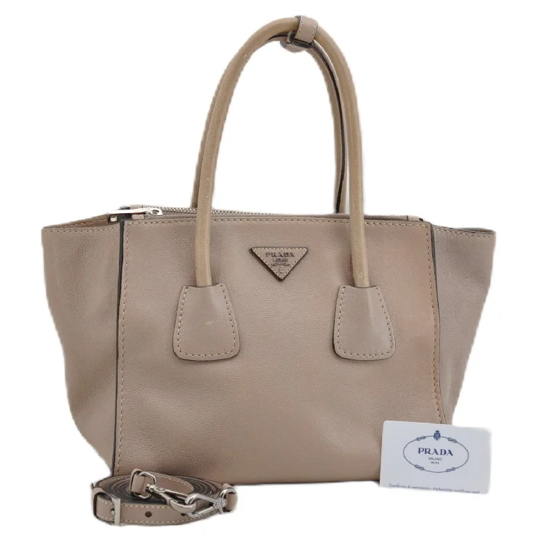 Prada bags with a zip - top closure and multiple interior pockets for organizationAuthentic PRADA GLACE CALF Leather 2Way Shoulder Hand Bag B2625M Beige 4945F