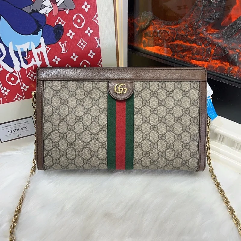 Gucci Marmont bags for women with a contrast - colored interiorGucci Ophidia Beige Brown Canvas Leather Chain Shoulder Bag Medium