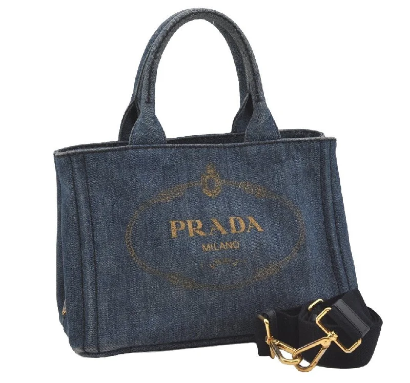 Prada handbags with a beaded trim for a touch of glamour and eleganceAuthentic PRADA Vintage Canapa SS Denim 2Way Shoulder Hand Bag Purse Blue 3116I