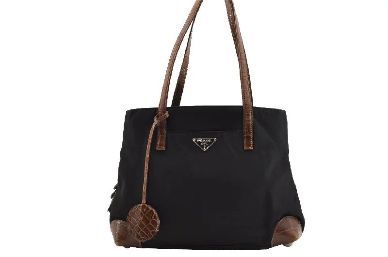 Ladies Prada Galleria bags with gold - toned hardware for a luxurious touchAuthentic PRADA Nylon Tessuto Leather Shoulder Hand Bag Purse Black 3278I