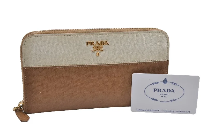 Ladies Prada shoulder bags with a tassel - adorned zipper for added charmAuthentic PRADA Saffiano Leather Round Zip Long Wallet Purse 1M0506 Brown 2365I