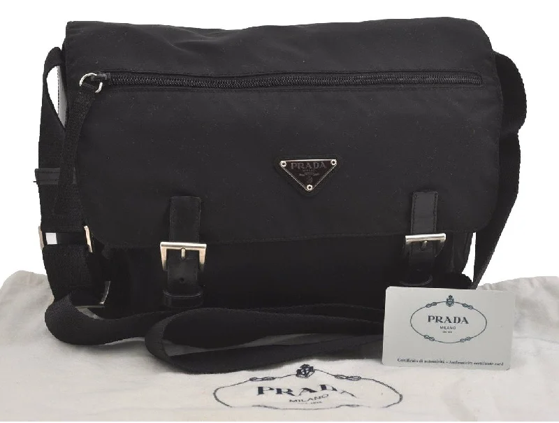 Ladies Prada Galleria bags with gold - toned hardware for a luxurious touchAuthentic PRADA VELA Nylon Tessuto Leather Shoulder Cross Bag B6671 Black 6617I