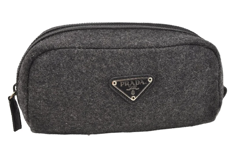 Prada Cleo bags with a crystal - embellished logo for added luxuryAuthentic PRADA Vintage Wool Leather Pouch Purse Gray 3218I