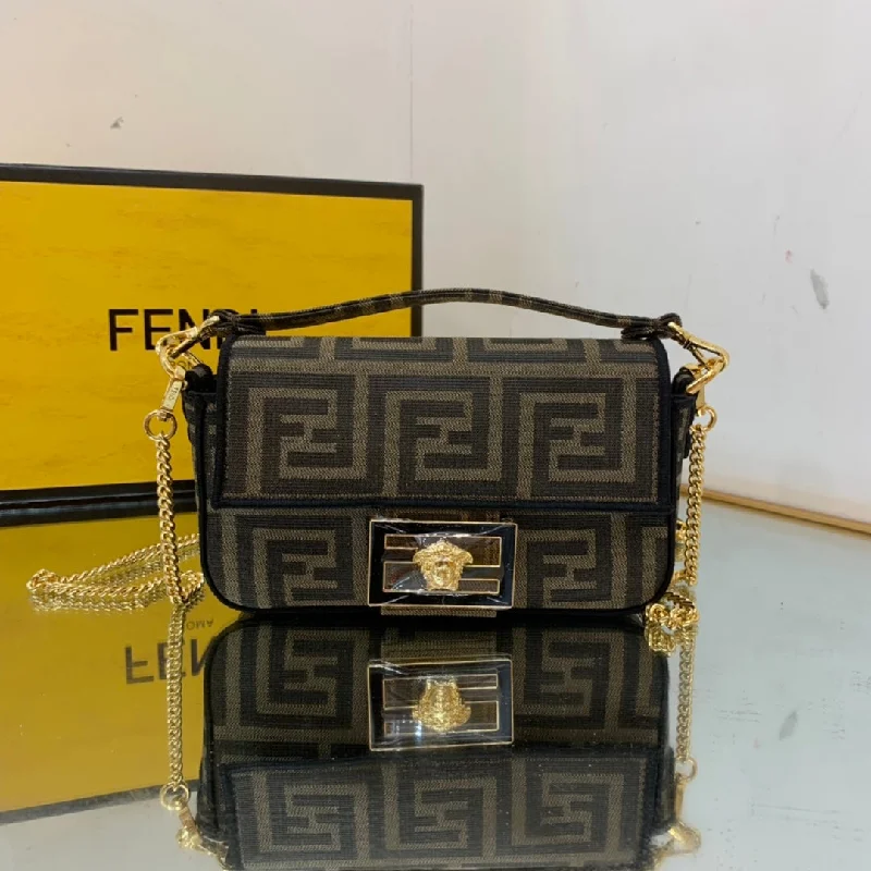 Fendi handbags with a glow - in - the - dark FF logo for a fun and unique featureFendi Baguette Brown fabric Brown Small Bag For Woman 18.5cm/7in