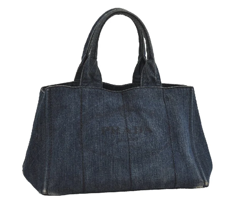 Ladies Prada shoulder bags with a single - handle design for simplicityAuthentic PRADA Vintage Canapa M Denim Tote Hand Bag Blue 2408I