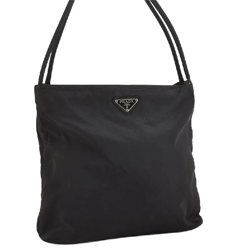 Prada tote bags with a printed Prada logo on the front for brand visibilityAuthentic PRADA Vintage Nylon Tessuto Shoulder Hand Bag Purse Black 2205I