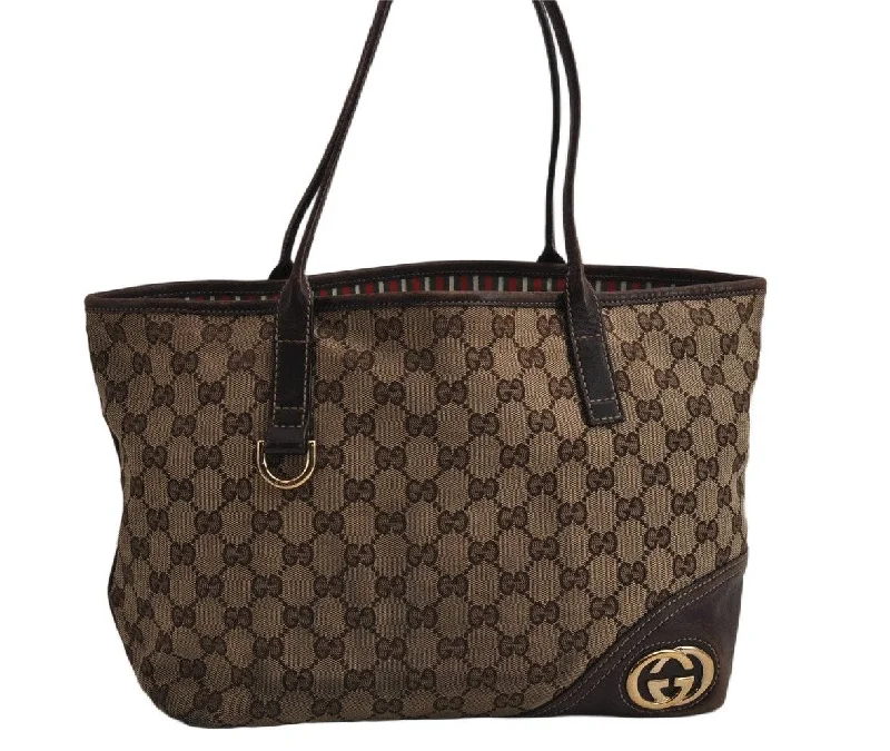 Women Gucci bags with a front - zip pocket for small itemsAuthentic GUCCI New Britt Shoulder Tote Bag GG Canvas Leather 169946 Brown 0433K