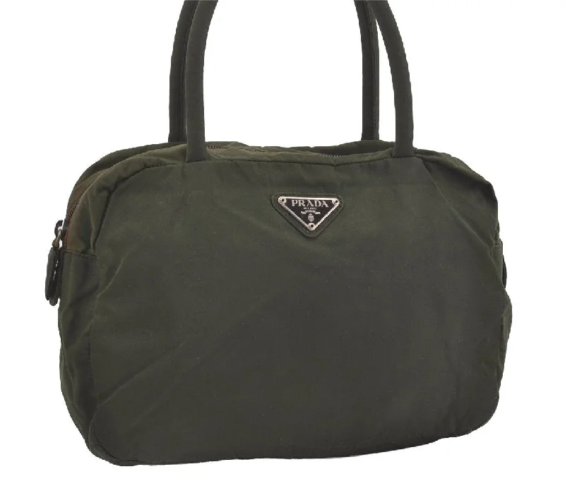 Prada tote bags with a printed Prada logo on the front for brand visibilityAuthentic PRADA Vintage Nylon Tessuto Hand Bag Purse Green 5297I