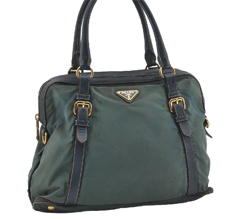 Prada Cleo bags with a curved shape and a chain - link shoulder strapAuthentic PRADA Nylon Tessuto Leather 2Way Shoulder Hand Tote Bag Green 5537I