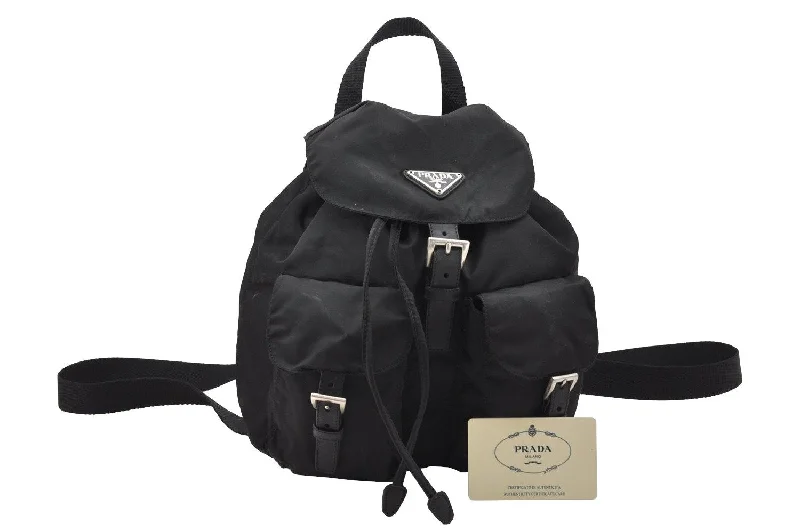 Prada Galleria bags with a structured silhouette for a professional lookAuthentic PRADA Vela Vintage Nylon Tessuto Leather Backpack B6677F Black 4248I