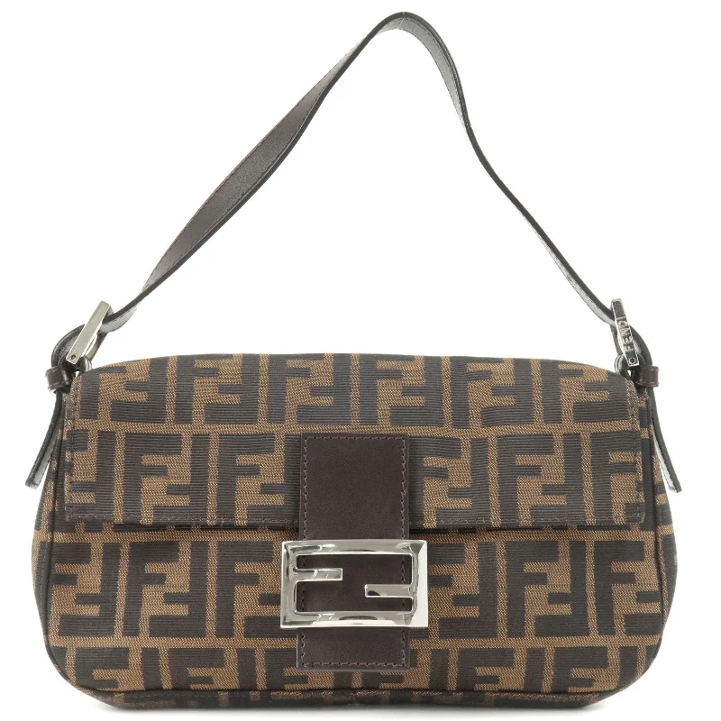 Fendi Peekaboo bags with a classic two - compartment design for organized storageFENDI Zucca Mamma Baguette Canvas Leather Shoulder Bag Brown 26424