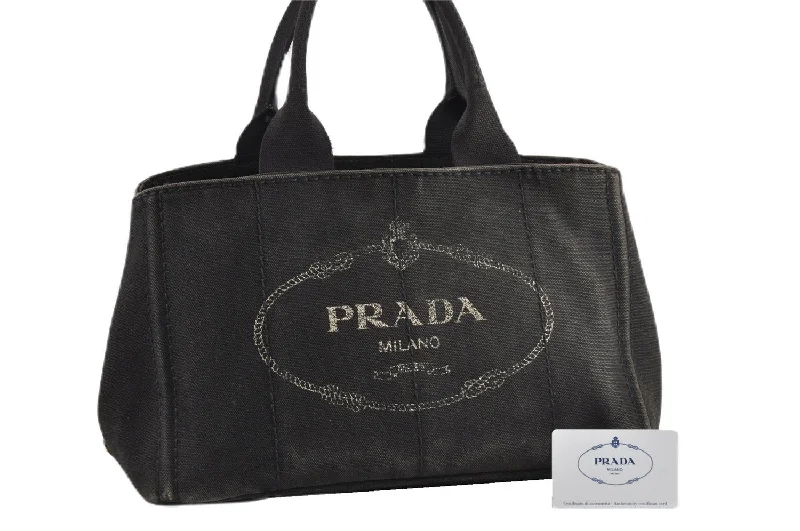 Prada crossbody bags with a woven leather strap for a unique textureAuthentic PRADA Vintage Canapa M Denim Tote Hand Bag BN1877 Black 1822G