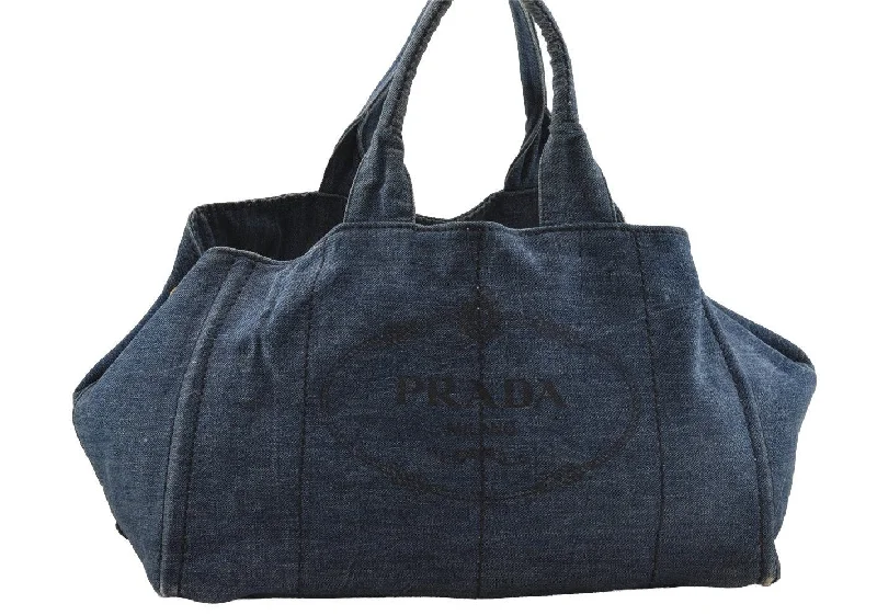 Prada handbags with a metal - framed clasp for durability and styleAuthentic PRADA Canapa L Canvas Tote Hand Bag Denim Blue 1899I