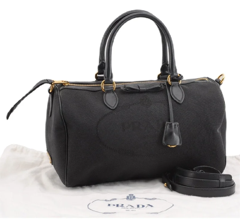 Ladies Prada shoulder bags with a magnetic - closure flap for easy opening and closingAuthentic PRADA Vintage Canvas Leather 2Way Shoulder Hand Bag Black 3473F