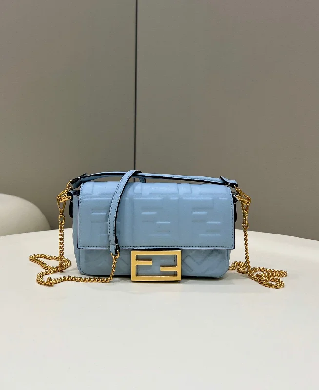 Fendi handbags with a metallic - finish FF logo for a bold and glamorous lookFendi Baguette Blue  Crossbody Bags