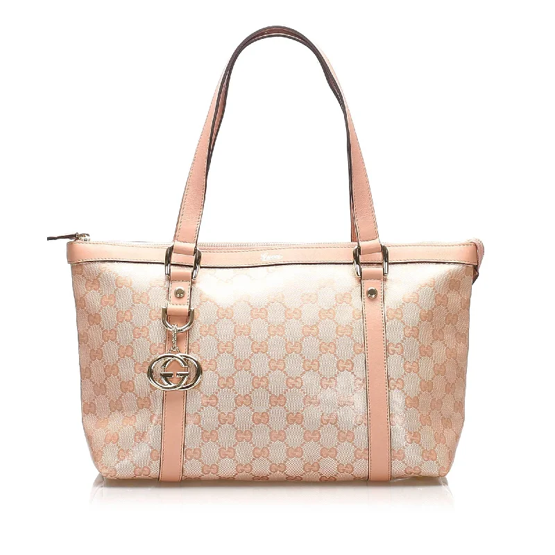 Women Gucci bags with a chain - link trim and a leather bodyGucci GG Crystal Abbey Tote Bag (SHG-13332)