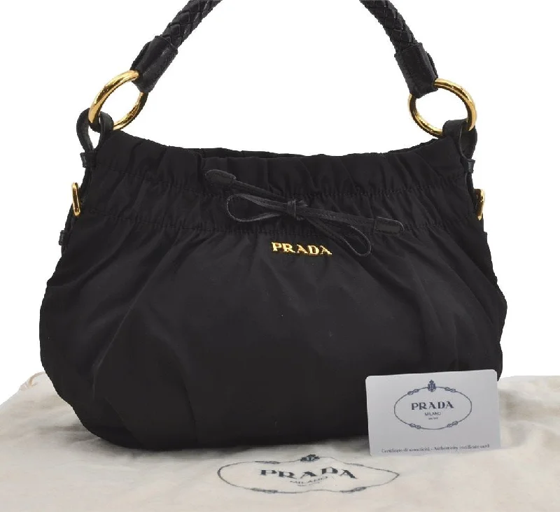 Prada nylon backpacks with a sleek, minimalist appearanceAuthentic PRADA TESSUTO BOW Ribbon Nylon Leather Hand Bag BR4237 Black 4846I