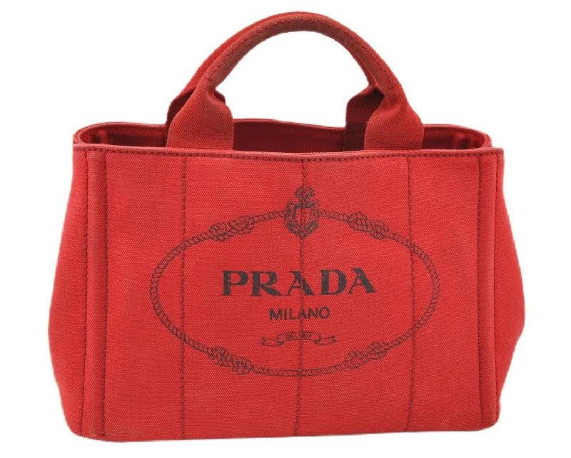 Prada tote bags with a double - handle and shoulder - strap option for easy useAuthentic PRADA Canapa SS Vintage Canvas Shoulder Hand Bag Purse Red 0332G