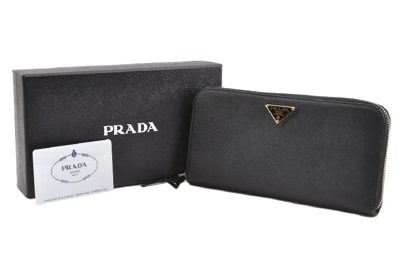 Prada handbags with a beaded trim for a touch of glamour and eleganceAuthentic PRADA Saffiano Metal Leather Long Wallet Purse 1M0506 Black Box 1972G