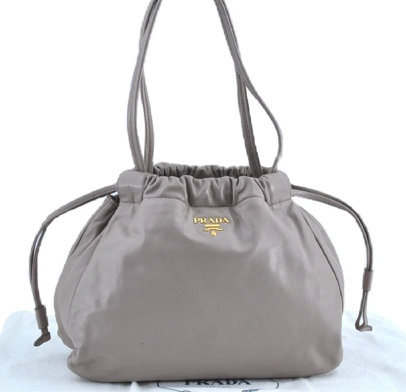 Ladies Prada shoulder bags with a magnetic - closure flap for easy opening and closingAuthentic PRADA Leather Nappa Shoulder Tote Bag Purse Gray Beige J8146