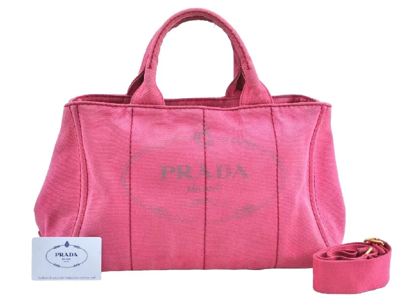 Small - sized Prada Saffiano leather bags for a compact and stylish carryAuthentic PRADA Canapa M 2Way Tote Hand Bag Canvas BN2642 Pink K4040