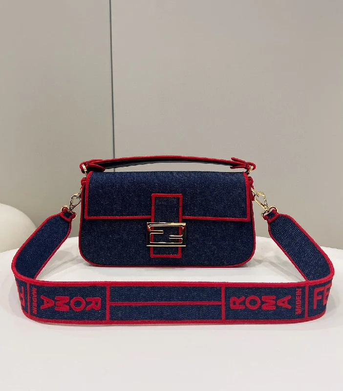 Fendi tote bags with a hand - painted FF pattern for an artisanal and one - of - a - kind touchFendi Baguette Blue Denim Red Border Bag For Woman 26cm/10in