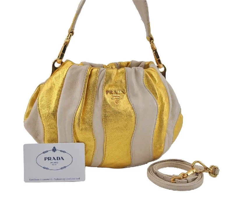 Prada tote bags with a water - resistant coating for outdoor activitiesAuthentic PRADA Pumpkin Leather Nappa 2Way Shoulder Hand Bag BN1678 Gold 2729I