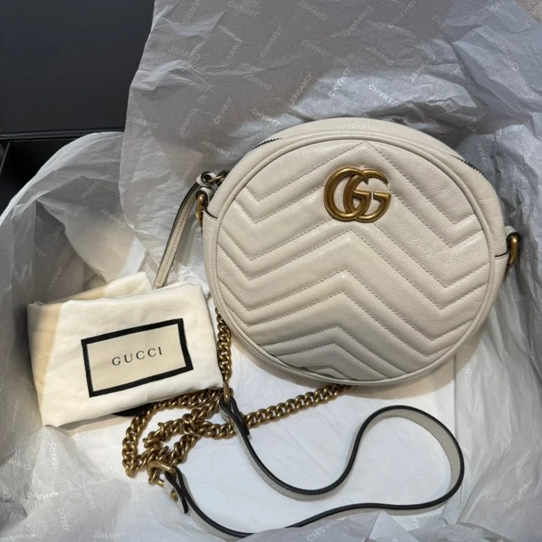 Gucci handbags for women with a back - zip pocketGucci Marmont Beige Leather Chevron Round Crossbody Bag