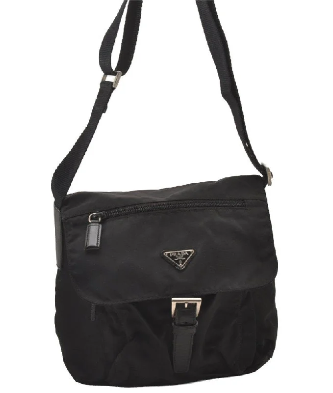 Medium - sized Prada tote bags in classic black for everyday versatilityAuthentic PRADA Nylon Tessuto Leather Shoulder Cross Body Bag Purse Black 0129I