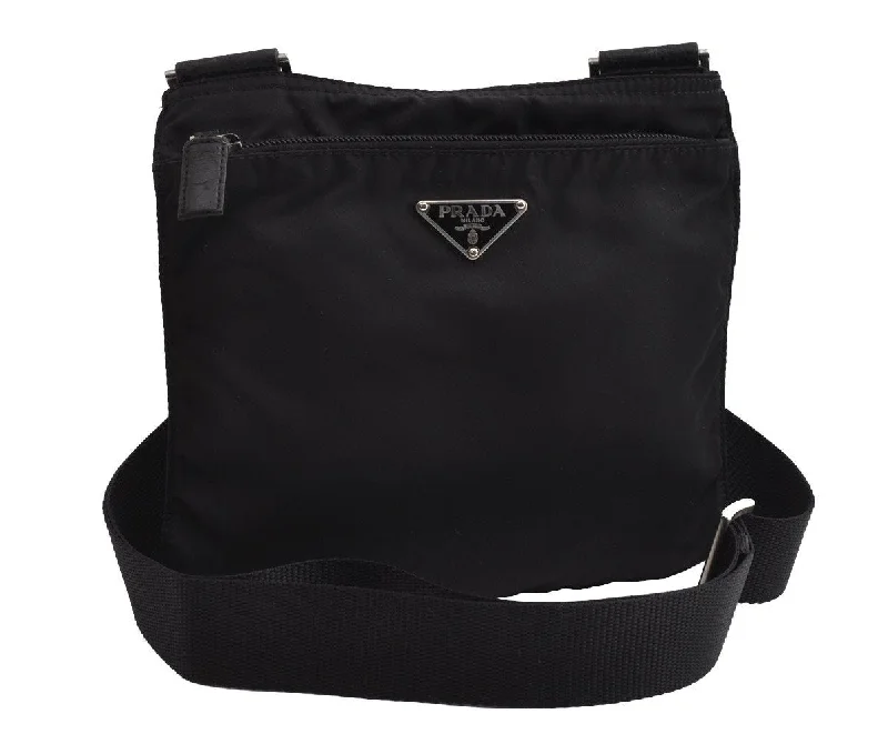 Prada Cahier bags with a leather - wrapped handle for a luxurious feelAuthentic PRADA Nylon Tessuto Leather Shoulder Cross Body Bag Purse Black 3965I