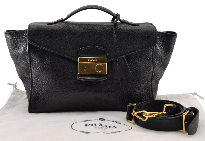 Prada bags with a detachable mirror inside for quick touch - upsAuthentic PRADA Leather Nappa 2Way Shoulder Cross Body Hand Bag Black 2906I