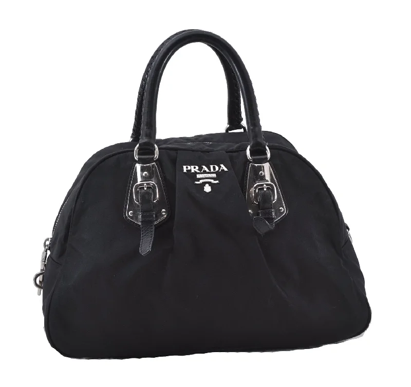 Prada tote bags with a spacious interior and a magnetic - snap closureAuthentic PRADA Nylon Tessuto Leather Hand Boston Bag Purse Black 4592F