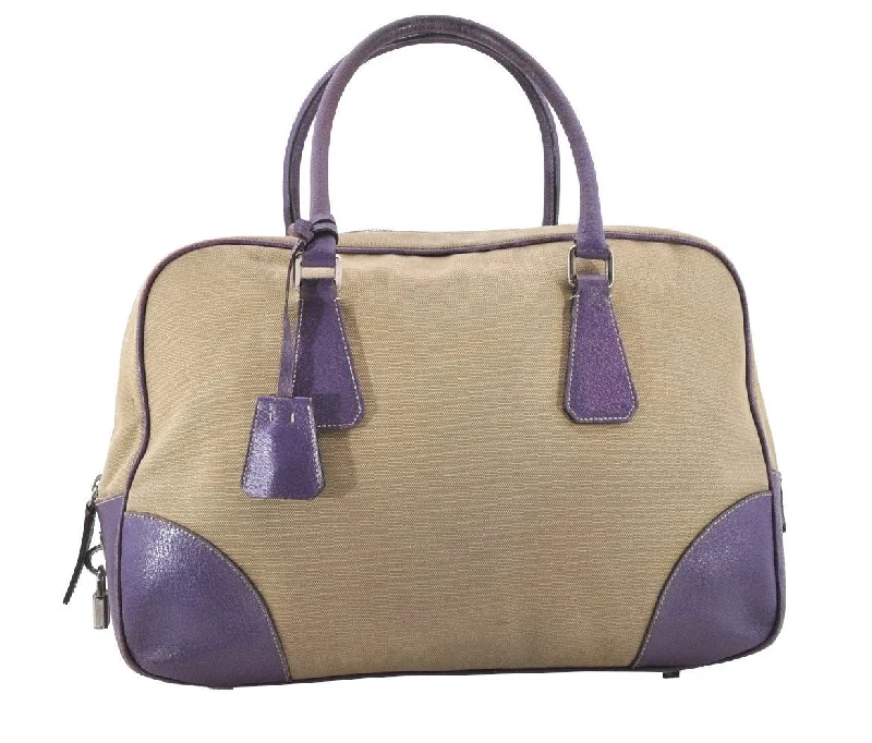 Ladies Prada Re - Edizione 2005 bags with a star - shaped charm for a playful touchAuthentic PRADA Vintage Canvas Leather Hand Boston Bag Beige 5284I