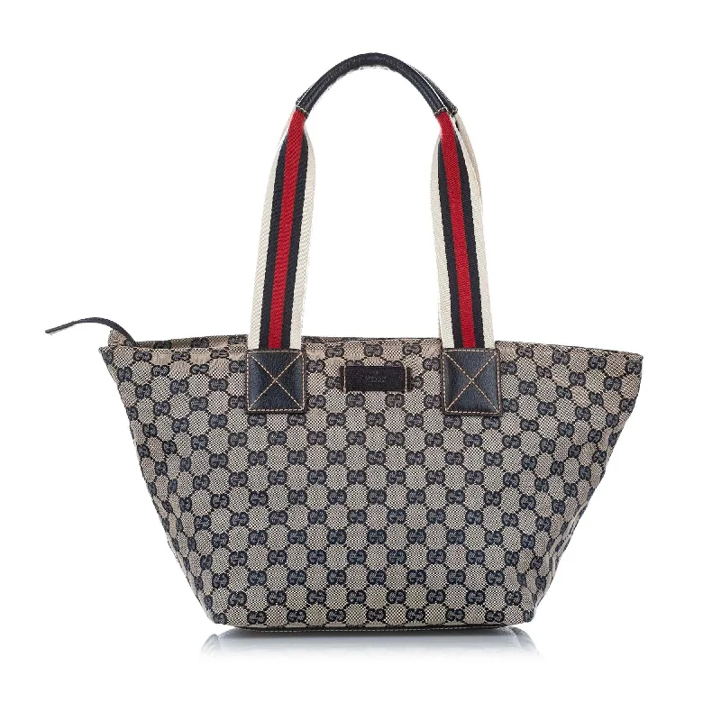 Ladies Gucci shoulder bags with a magnetic - closure flapGucci GG Canvas Web Tote Bag (SHG-16950)