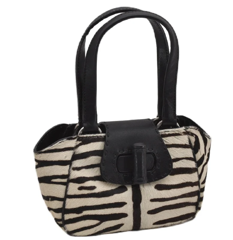 Prada bags with a back - zip pocket for storing valuables securelyAuthentic PRADA Zebra Unborn Calf Leather Shoulder Hand Bag White Black 8800F