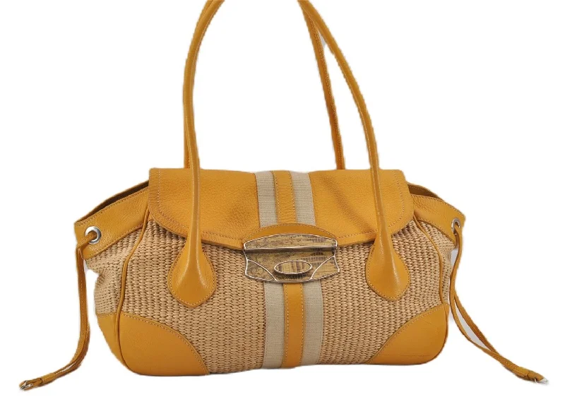 Prada bags with a chain - link trim and a leather body for a modern and stylish edgeAuthentic PRADA Raffia Leather Hand Shoulder Bag Beige Yellow 9444F