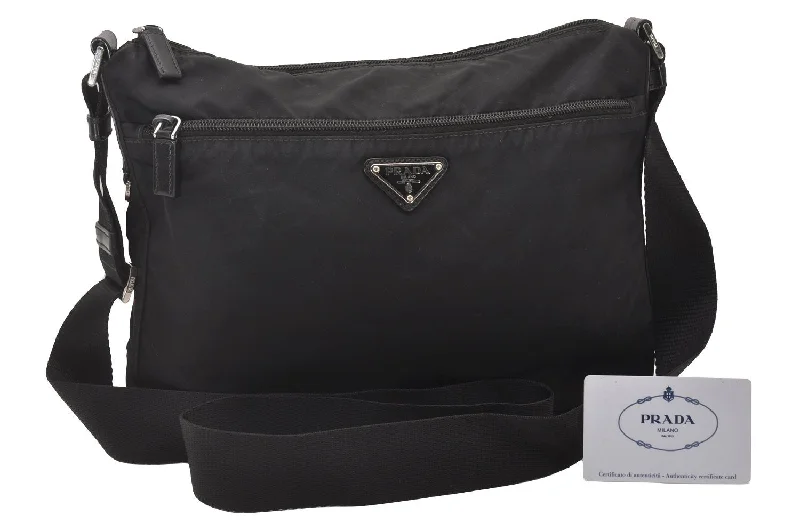 Ladies Prada handbags with a detachable wallet inside for added convenienceAuthentic PRADA VELA Nylon Tessuto Leather Shoulder Cross Bag BT0421 Black 4213I