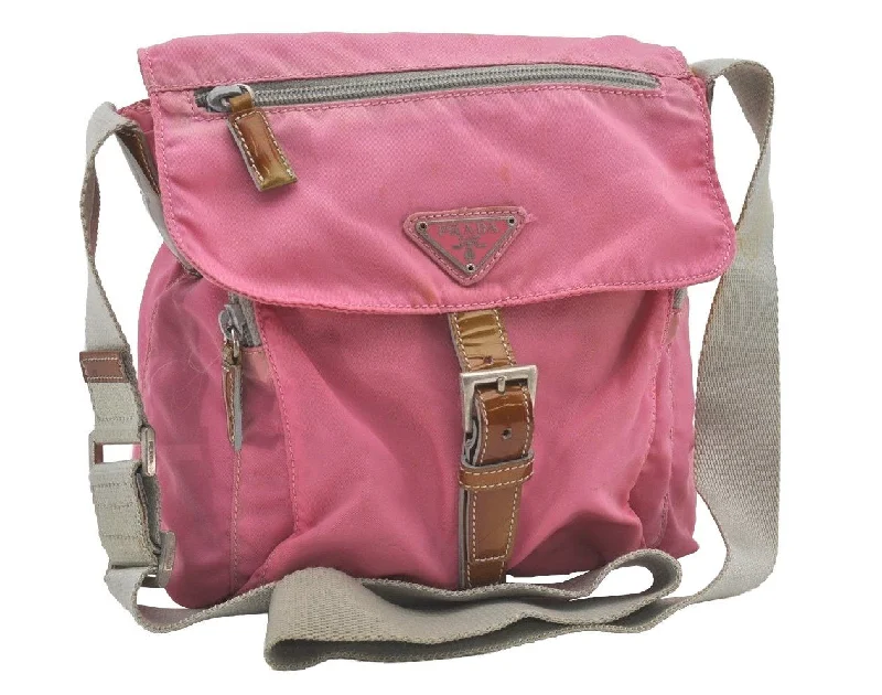 Prada tote bags with a printed Prada logo on the front for brand visibilityAuthentic PRADA Nylon Tessuto Leather Shoulder Cross Body Bag Purse Pink 4579I