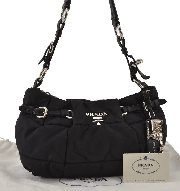 Prada Cahier bags with a leather - wrapped handle for a luxurious feelAuthentic PRADA Crispy Nylon Ca Tessuto Leather Shoulder Bag BR3815 Black 3301I