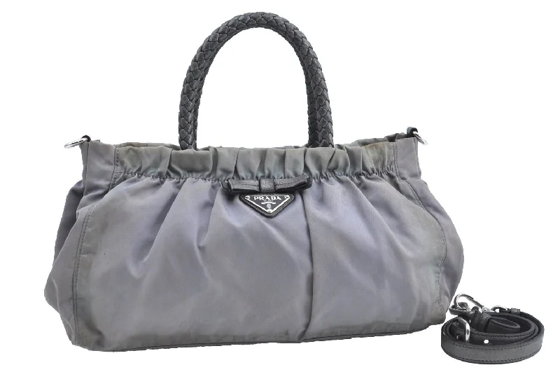 Prada tote bags with a spacious interior and a magnetic - snap closureAuthentic PRADA Nylon Tessuto Leather 2Way Shoulder Hand Bag Purse Gray K5982