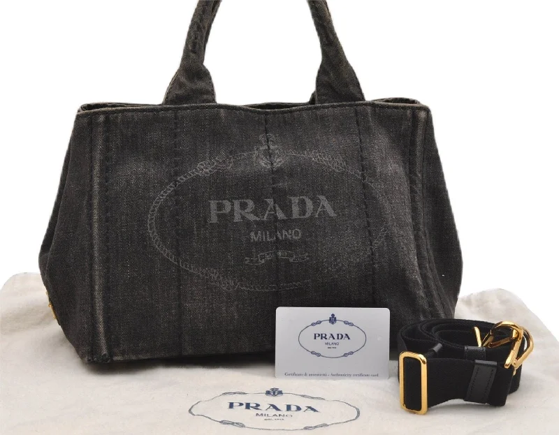 Prada bags with a front - zip pocket for small items like cards and keysAuthentic PRADA Canapa SS 2Way Shoulder Hand Bag Denim B2439G Black 1823G