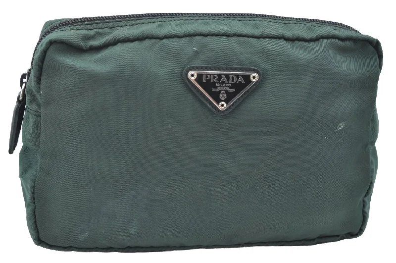 Prada tote bags with a printed Prada logo on the front for brand visibilityAuthentic PRADA Nylon Tessuto Pouch Purse Green K4534