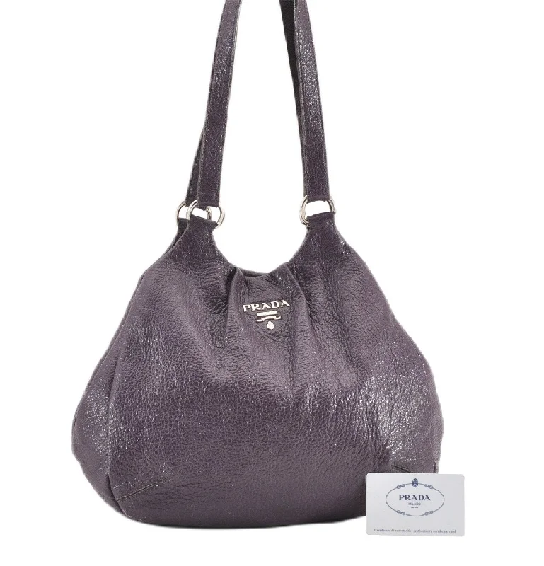 Prada Cleo bags with a contrast - colored interior for visual interestAuthentic PRADA CERVO LUX Leather Nappa Shoulder Tote Bag BR3940 Purple 0208G