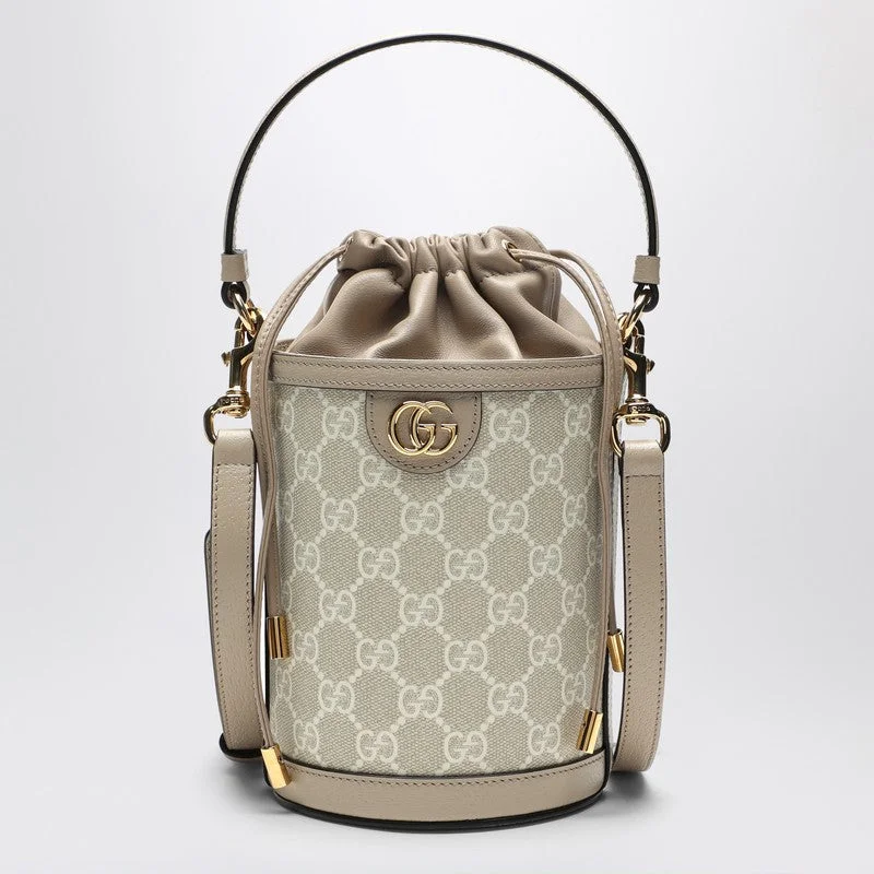 Women Gucci bags with interlocking G hardware for a classic lookGucci Ophidia Mini Bucket Bag In Beige And White Gg Supreme Fabric Women