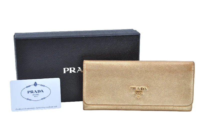 Prada handbags with a patent - leather finish for a shiny and sophisticated appearanceAuthentic PRADA Saffiano Metal Leather Long Wallet Purse 1ML183 Gold Box K5892